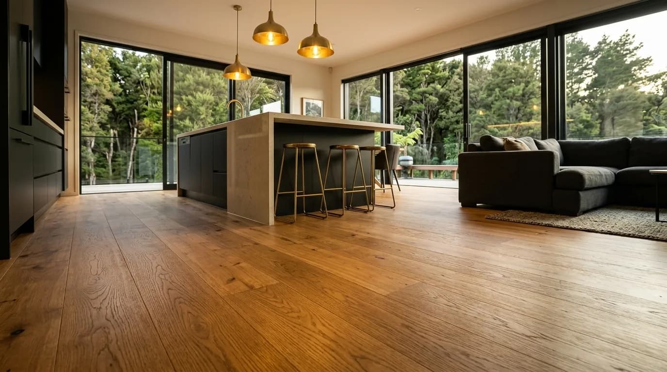 Modern open-plan living space with wide-plank timber flooring